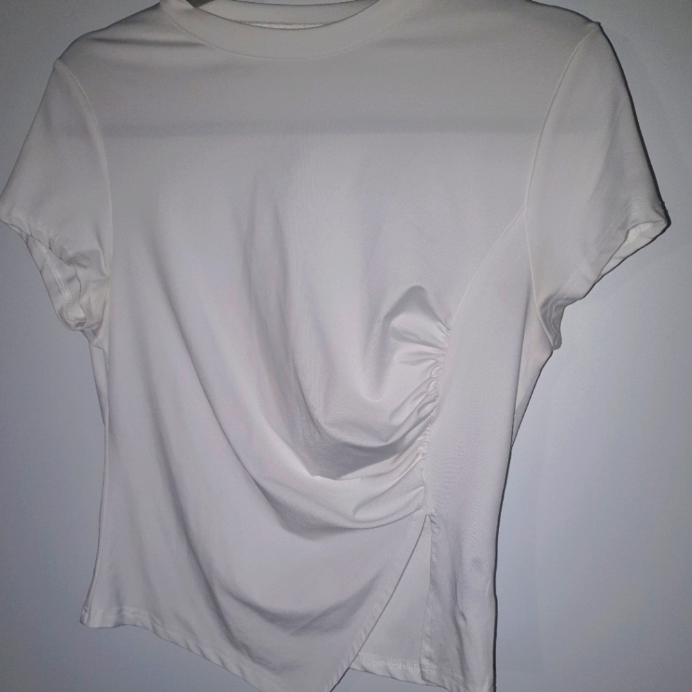 White Ruched Women's Top With Slit